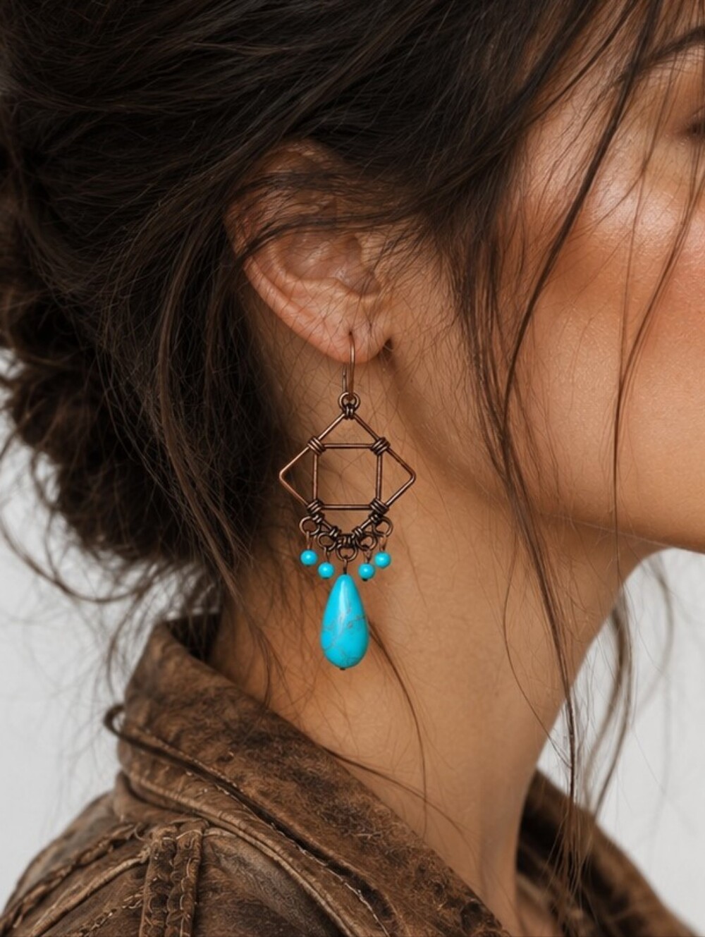 Designer Jewelry Copper Earrings Turquoise Teardrop Long Dangle Chandaliers Boho
